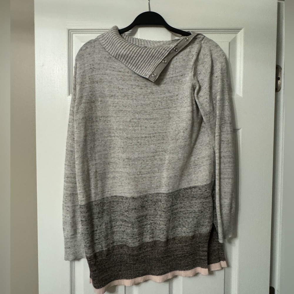 Tri-color Button Turtleneck Sweater